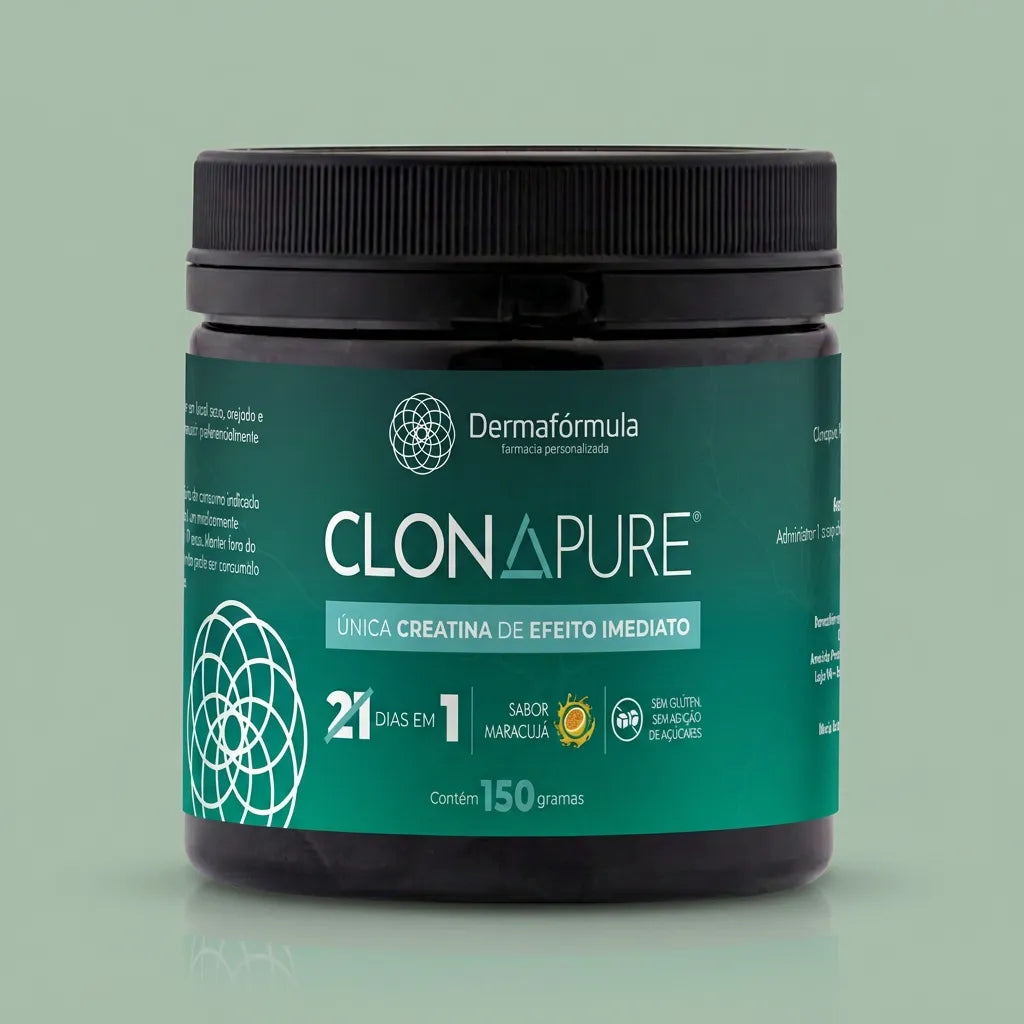 Dermafórmula Melhor Farmácia de Manipulação em Santos | Pote preto de Derma clonapure Maracuja Farma Magistral de 150g, suplemento com Creatina de efeito imediato.