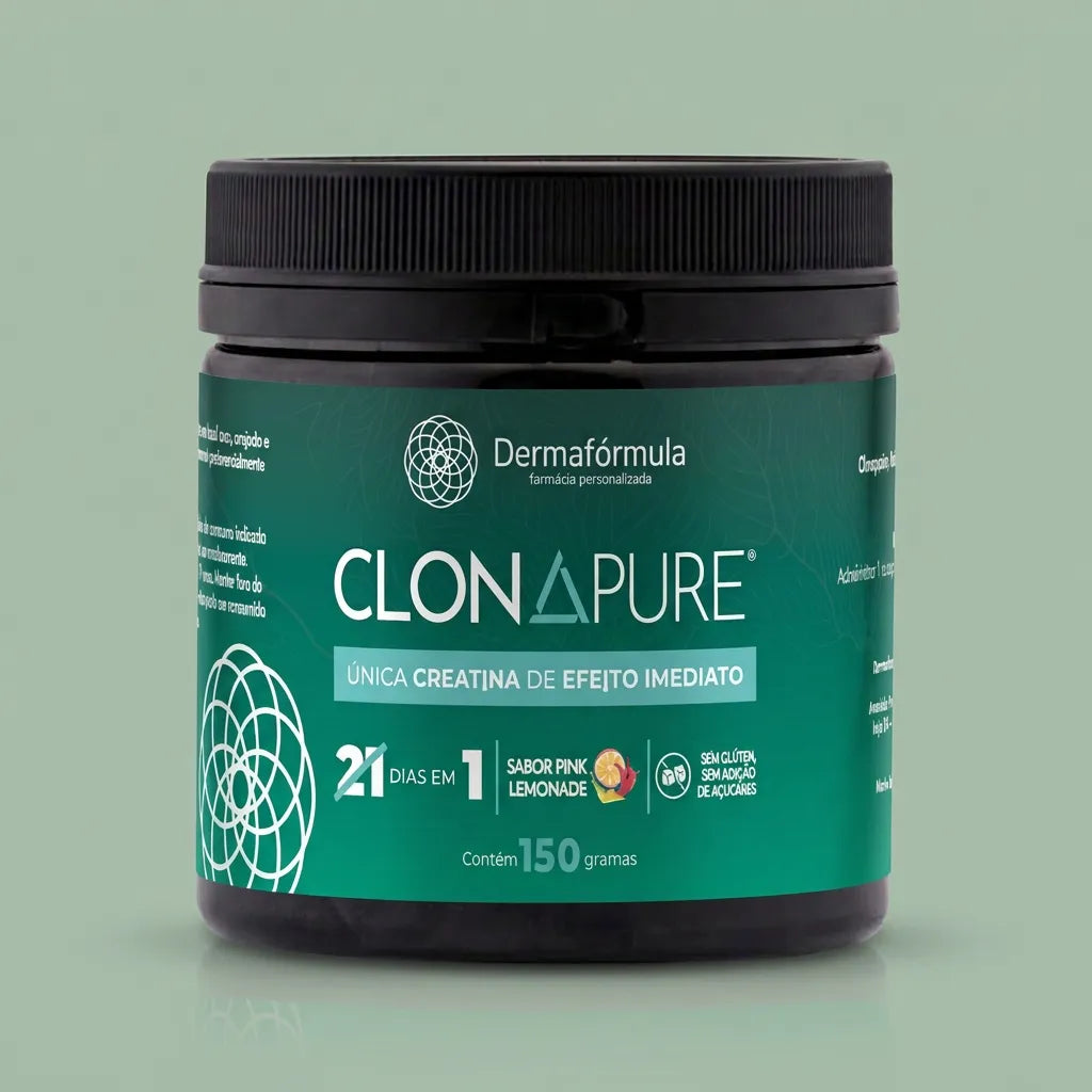 Dermafórmula Melhor Farmácia de Manipulação em Santos |  Suplemento Clonapure Creatina 150g Farma Magistral, creatina de efeito imediato em embalagem preta e verde.