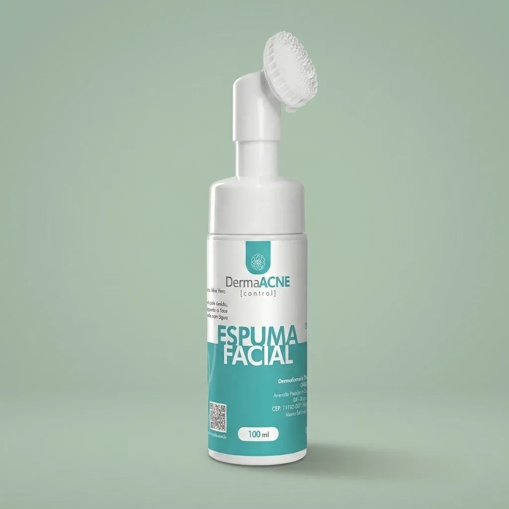 Embalagem do DermaAcne Control Espuma Facial  com rótulo descritivo em destaque, manipulado na Dermafórmula Melhor Farmácia de Manipulação na Baixada Santista.