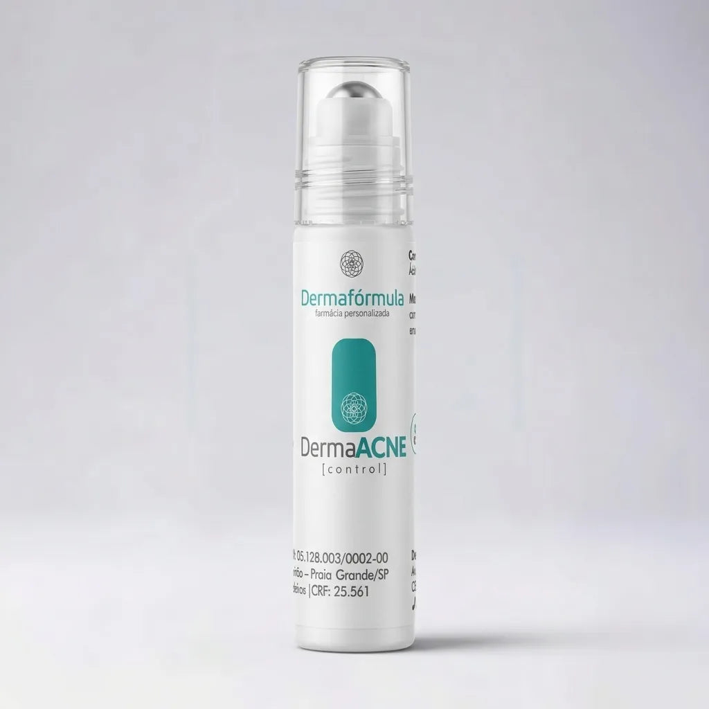Embalagem do DermaAcne Control Gel Secativo Facial  com rótulo descritivo em destaque, manipulado na Dermafórmula Melhor Farmácia de Manipulação na Baixada Santista.