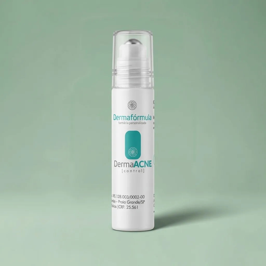 Embalagem do DermaAcne Control Gel Secativo Facial  com rótulo descritivo em destaque, manipulado na Dermafórmula Melhor Farmácia de Manipulação na Baixada Santista.