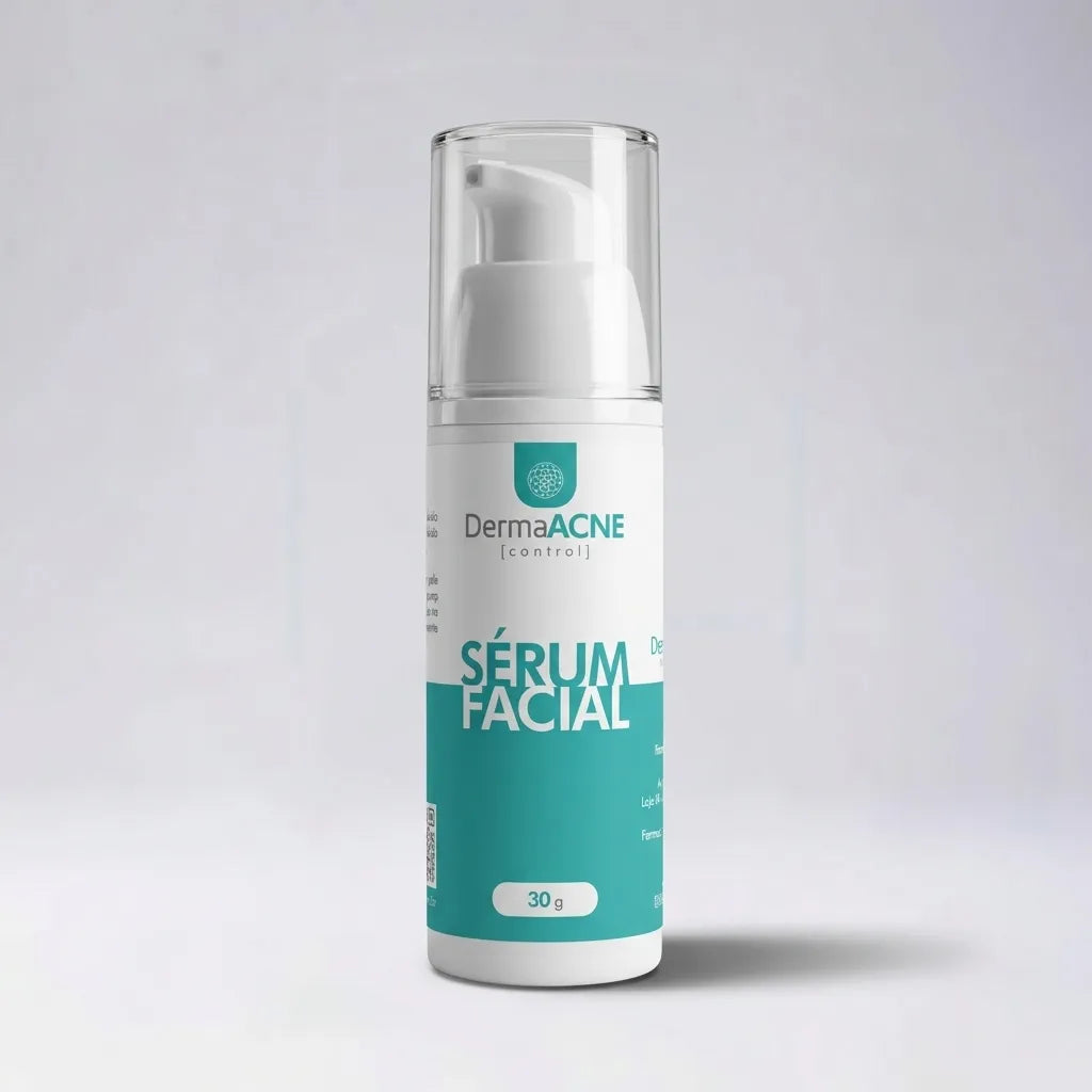 Embalagem do DermaAcne Control Sérum Facial  com rótulo descritivo em destaque, manipulado na Dermafórmula Melhor Farmácia de Manipulação na Baixada Santista.