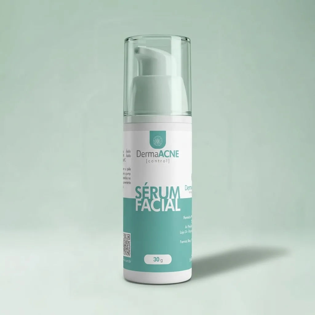 Embalagem do DermaAcne Control Sérum Facial  com rótulo descritivo em destaque, manipulado na Dermafórmula Melhor Farmácia de Manipulação na Baixada Santista.