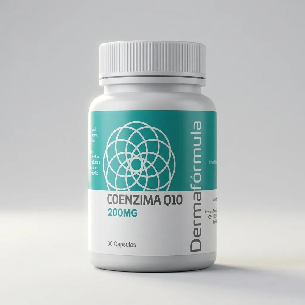 Dermafórmula Melhor Farmácia de Manipulação na Baixada Santista | Mockup frontal, em alta resolução e fundo cinza claro, do frasco de suplemento em cápsulas Coenzima Q10 200mg. O frasco branco e cilíndrico possui um rótulo minimalista na cor turquesa com detalhes em branco. No centro, o nome do produto "COENZIMA Q10 200MG" e a quantidade "30 Cápsulas". Verticalmente, à direita, o logotipo da marca Dermafórmula em branco. O design é limpo e foca na apresentação profissional do produto.