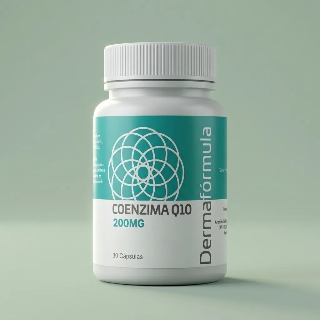 Dermafórmula Melhor Farmácia de Manipulação na Baixada Santista | Mockup frontal, em alta resolução e fundo cinza claro, do frasco de suplemento em cápsulas Coenzima Q10 200mg. O frasco branco e cilíndrico possui um rótulo minimalista na cor turquesa com detalhes em branco. No centro, o nome do produto "COENZIMA Q10 200MG" e a quantidade "30 Cápsulas". Verticalmente, à direita, o logotipo da marca Dermafórmula em branco. O design é limpo e foca na apresentação profissional do produto.