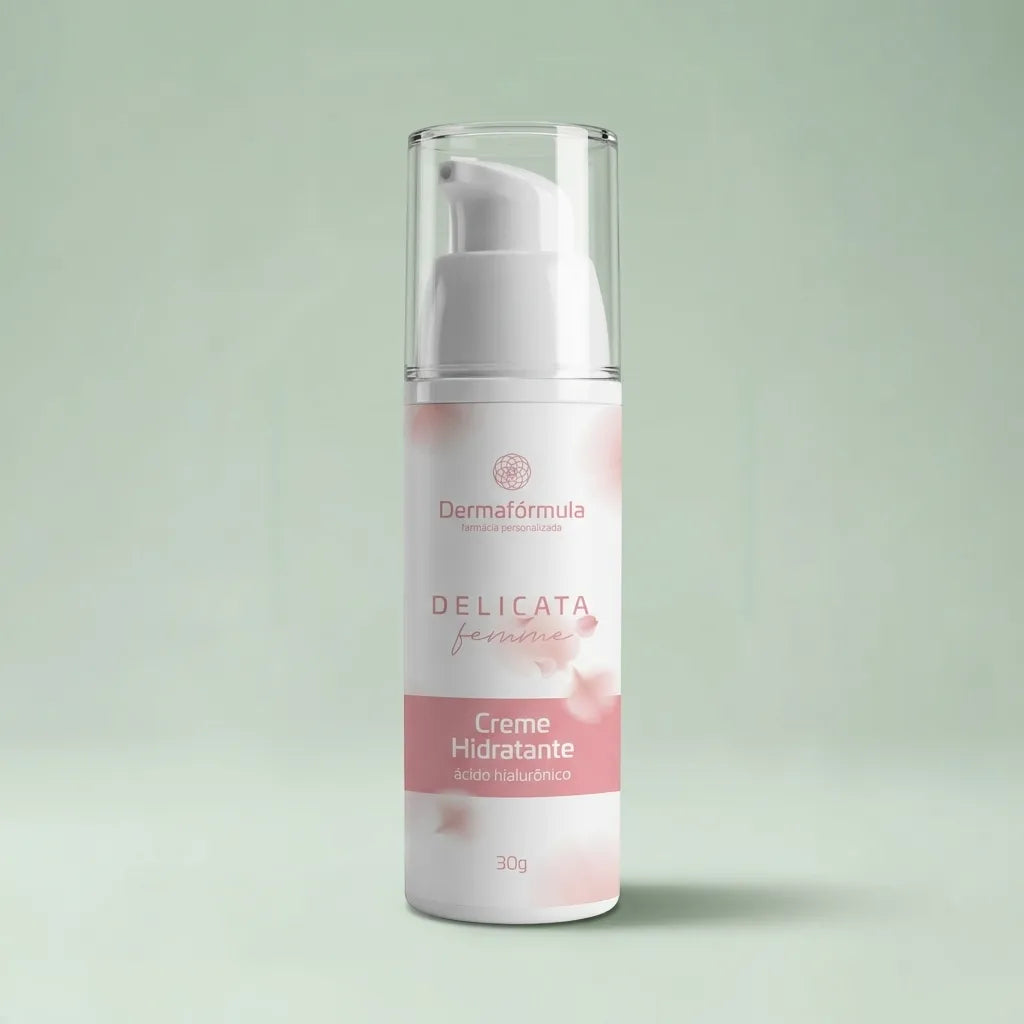 Embalagem do Creme Hidratante Feminino, Delicata Femine, com rótulo descritivo em destaque, manipulado na Dermafórmula Melhor Farmácia de Manipulação na Baixada Santista.
