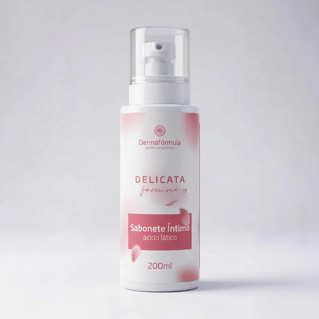 Embalagem do Sabonete Íntimo Feminino, Delicata Femine, com rótulo descritivo em destaque, manipulado na Dermafórmula Melhor Farmácia de Manipulação na Baixada Santista.