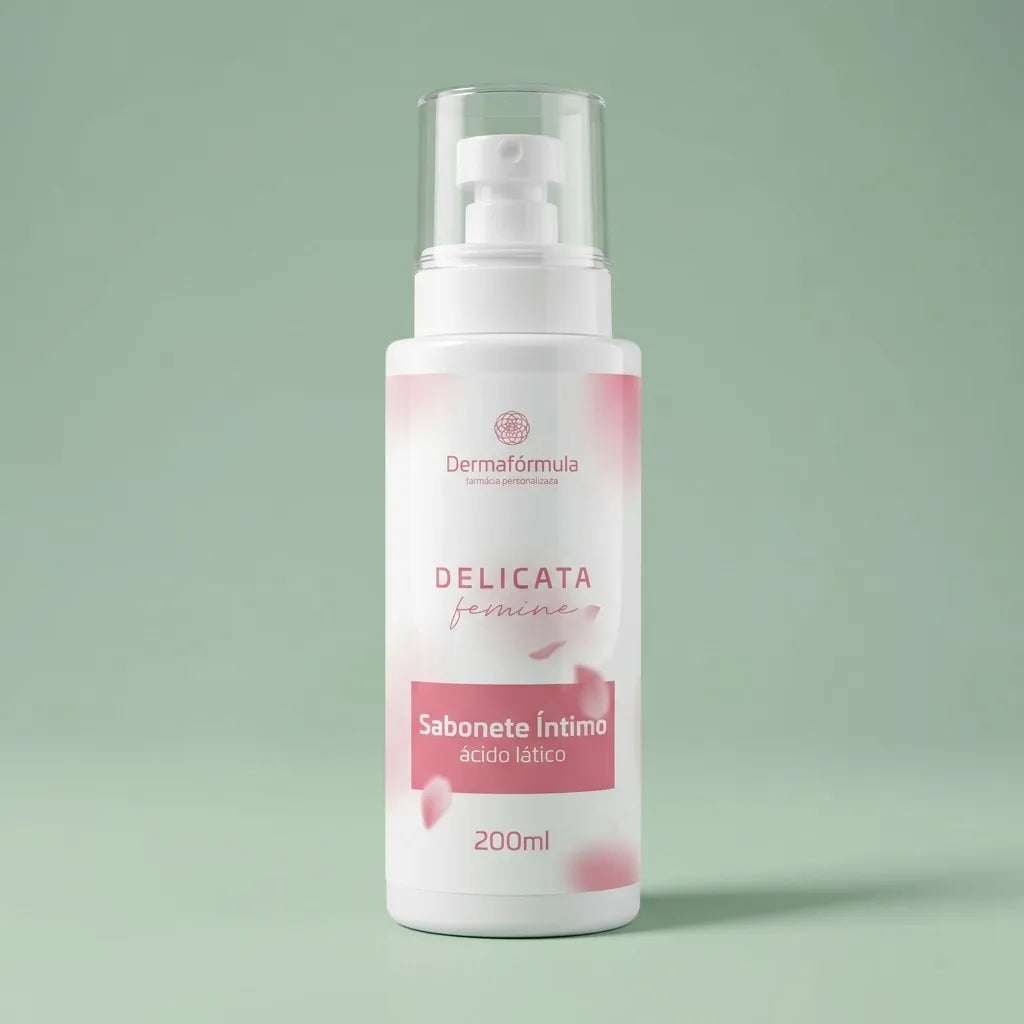 Embalagem do Sabonete Íntimo Feminino, Delicata Femine, com rótulo descritivo em destaque, manipulado na Dermafórmula Melhor Farmácia de Manipulação na Baixada Santista.