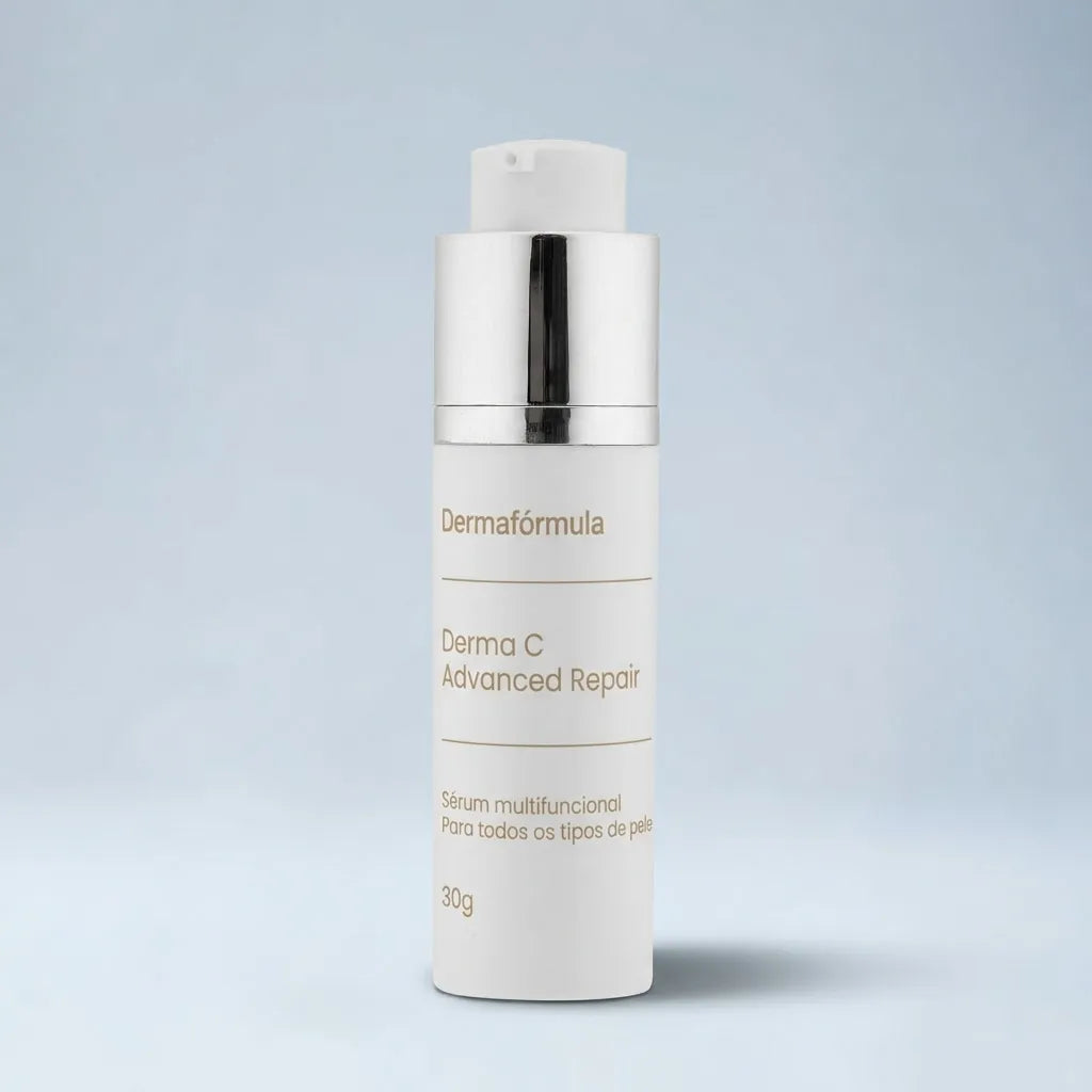 Embalagem do Derma C Sérum Facial  com rótulo descritivo em destaque, manipulado na Dermafórmula Melhor Farmácia de Manipulação na Baixada Santista.