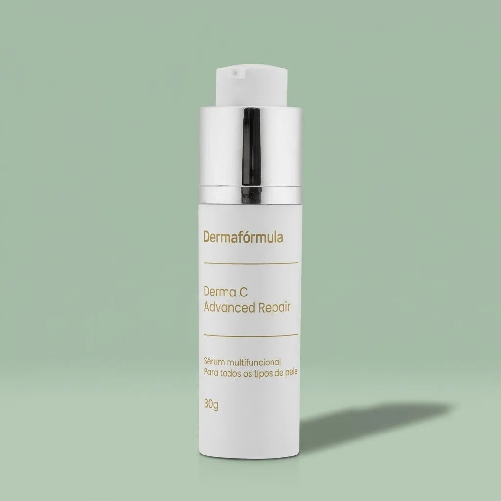 Embalagem do Derma C Sérum Facial  com rótulo descritivo em destaque, manipulado na Dermafórmula Melhor Farmácia de Manipulação na Baixada Santista.