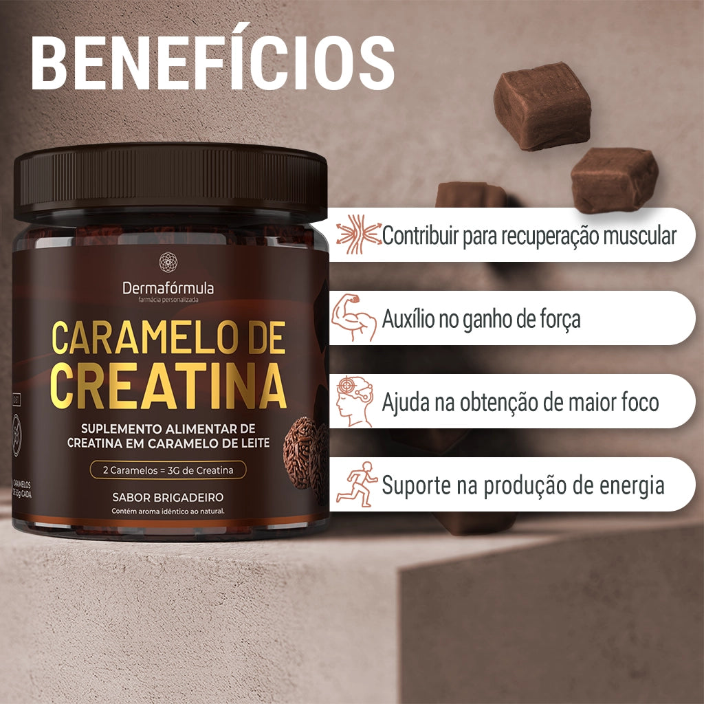 Dermafórmula Melhor Farmácia de Manipulação em Santos | Mockup do pote de Caramelo de Creatina Dermafórmula sabor Brigadeiro. Frasco cilíndrico escuro com tampa preta e rótulo marrom premium com letras douradas. Destaque para a descrição 'Suplemento Alimentar de Creatina em Caramelo de Leite' e a indicação de que 2 caramelos equivalem a 3g de creatina. Imagem inclui ilustração de brigadeiros ao lado do rótulo.