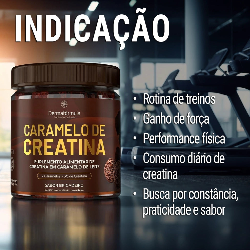 Dermafórmula Melhor Farmácia de Manipulação em Santos | Mockup do pote de Caramelo de Creatina Dermafórmula sabor Brigadeiro. Frasco cilíndrico escuro com tampa preta e rótulo marrom premium com letras douradas. Destaque para a descrição 'Suplemento Alimentar de Creatina em Caramelo de Leite' e a indicação de que 2 caramelos equivalem a 3g de creatina. Imagem inclui ilustração de brigadeiros ao lado do rótulo.