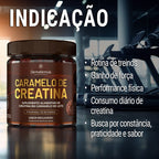 Dermafórmula Melhor Farmácia de Manipulação em Santos | Mockup do pote de Caramelo de Creatina Dermafórmula sabor Brigadeiro. Frasco cilíndrico escuro com tampa preta e rótulo marrom premium com letras douradas. Destaque para a descrição 'Suplemento Alimentar de Creatina em Caramelo de Leite' e a indicação de que 2 caramelos equivalem a 3g de creatina. Imagem inclui ilustração de brigadeiros ao lado do rótulo.