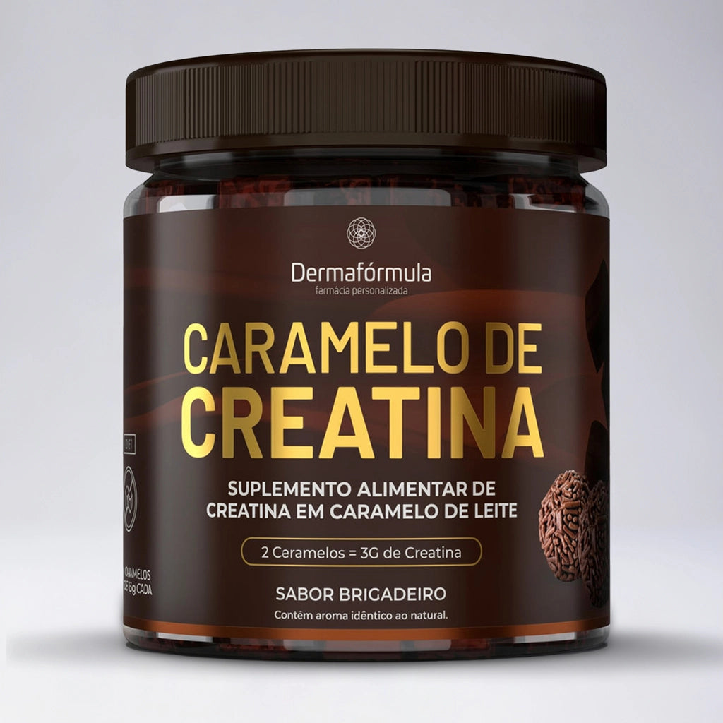 Dermafórmula Melhor Farmácia de Manipulação em Santos | Mockup do pote de Caramelo de Creatina Dermafórmula sabor Brigadeiro. Frasco cilíndrico escuro com tampa preta e rótulo marrom premium com letras douradas. Destaque para a descrição 'Suplemento Alimentar de Creatina em Caramelo de Leite' e a indicação de que 2 caramelos equivalem a 3g de creatina. Imagem inclui ilustração de brigadeiros ao lado do rótulo.