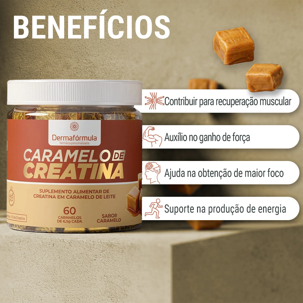 Dermafórmula Melhor Farmácia de Manipulação em Santos | Mockup do pote de Caramelo de Creatina Dermafórmula sabor Caramelo tradicional. Frasco transparente com tampa branca, contendo 60 unidades de 6,5g cada. O rótulo apresenta as cores turquesa e dourado da marca, com a frase 'Saúde sob medida' implícita na qualidade do acabamento. Ao lado, ilustração de cubos de caramelo de leite macios.