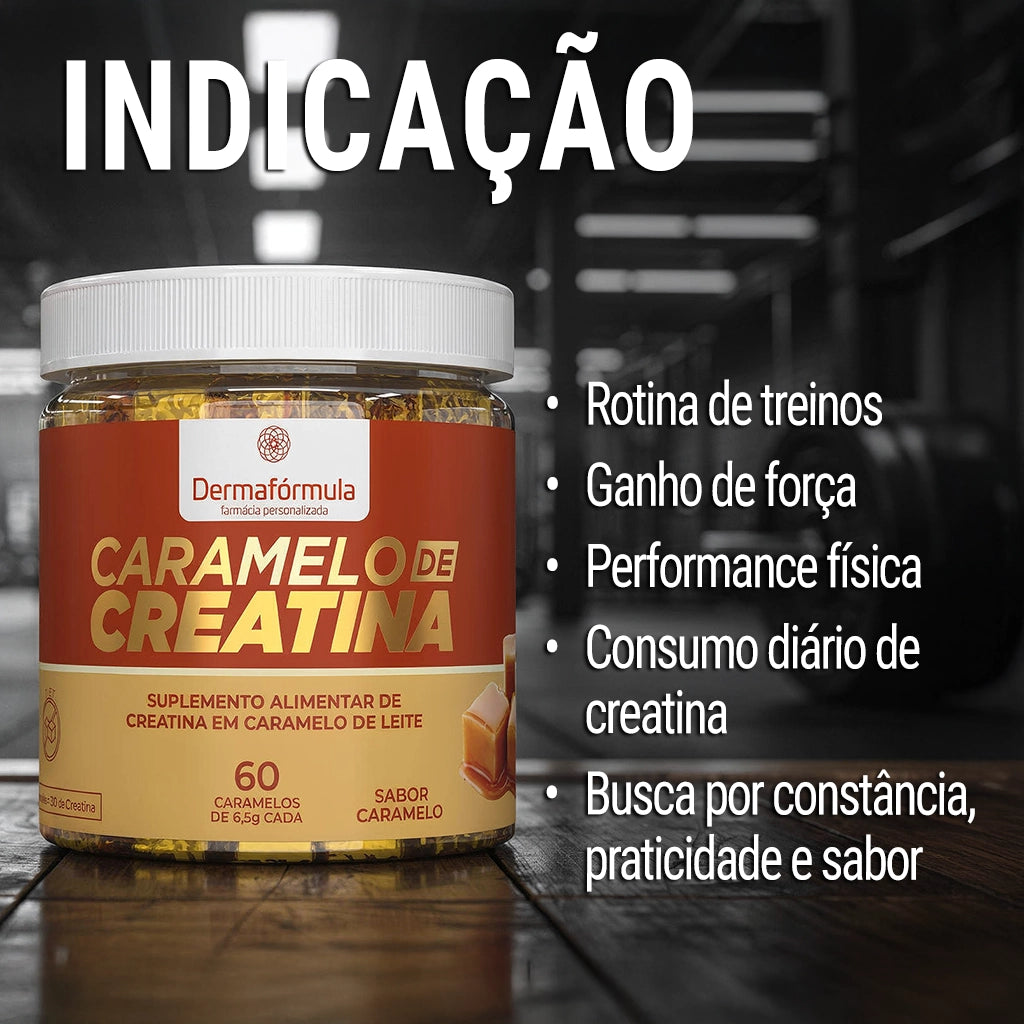 Dermafórmula Melhor Farmácia de Manipulação em Santos | Mockup do pote de Caramelo de Creatina Dermafórmula sabor Caramelo tradicional. Frasco transparente com tampa branca, contendo 60 unidades de 6,5g cada. O rótulo apresenta as cores turquesa e dourado da marca, com a frase 'Saúde sob medida' implícita na qualidade do acabamento. Ao lado, ilustração de cubos de caramelo de leite macios.