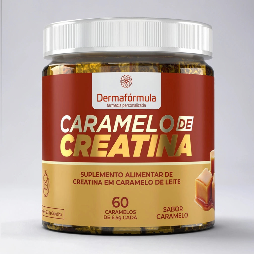 Dermafórmula Melhor Farmácia de Manipulação em Santos | Mockup do pote de Caramelo de Creatina Dermafórmula sabor Caramelo tradicional. Frasco transparente com tampa branca, contendo 60 unidades de 6,5g cada. O rótulo apresenta as cores turquesa e dourado da marca, com a frase 'Saúde sob medida' implícita na qualidade do acabamento. Ao lado, ilustração de cubos de caramelo de leite macios.