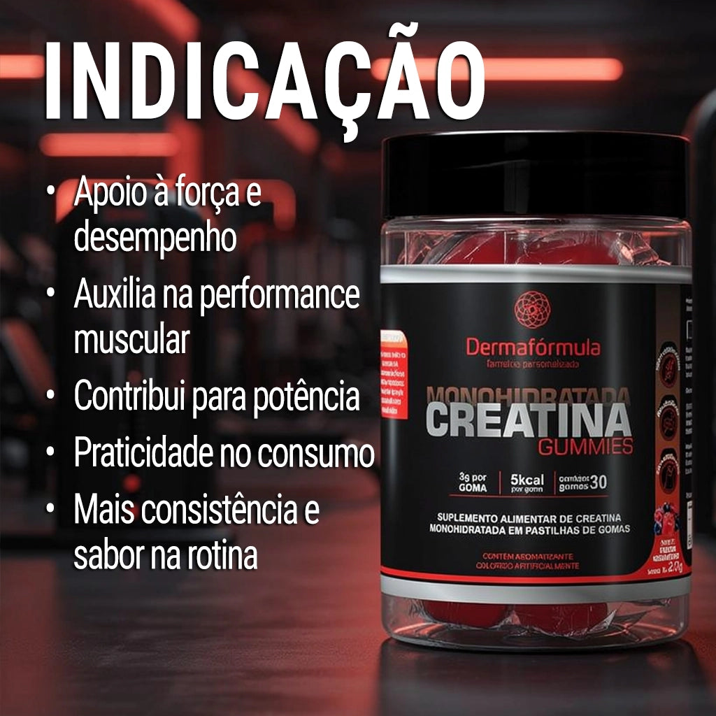 Dermafórmula Melhor Farmácia de Manipulação em Santos | Frasco cilíndrico transparente exibindo gomas vermelhas em seu interior. O rótulo preto destaca os textos 'Creatina Gummies', '3g por goma' e '5kcal por goma' em branco e vermelho. No canto inferior direito, uma ilustração de frutas vermelhas indica o sabor. Logotipo Dermafórmula em destaque no centro.