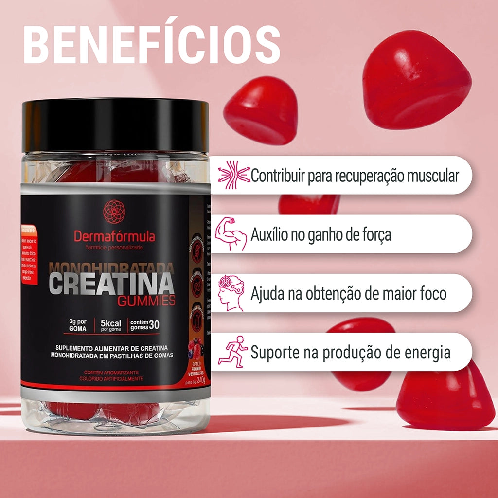 Dermafórmula Melhor Farmácia de Manipulação em Santos | Frasco cilíndrico transparente exibindo gomas vermelhas em seu interior. O rótulo preto destaca os textos 'Creatina Gummies', '3g por goma' e '5kcal por goma' em branco e vermelho. No canto inferior direito, uma ilustração de frutas vermelhas indica o sabor. Logotipo Dermafórmula em destaque no centro.