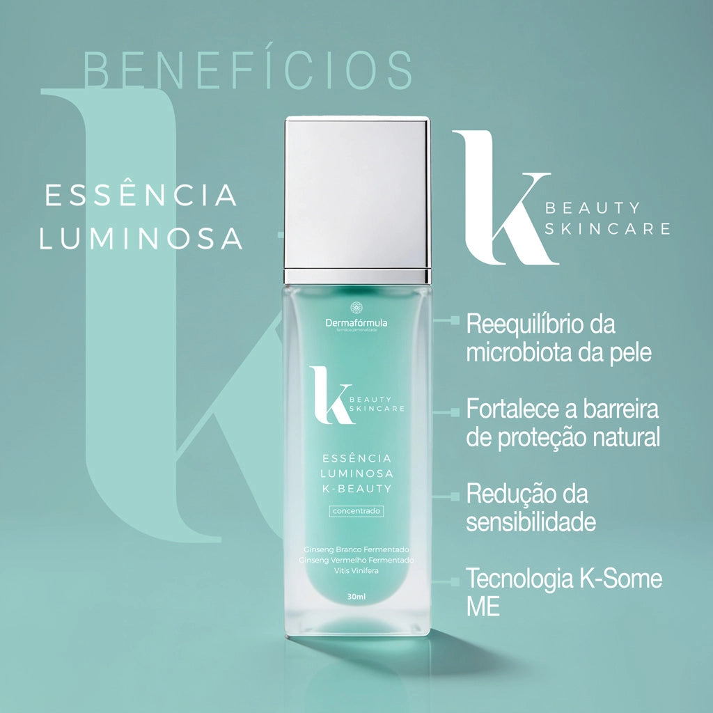 Dermafórmula Melhor Farmácia de Manipulação na Baixada Santista | Infográfico de indicação da Essência Luminosa K-Beauty. Apresenta o frasco de vidro do serum sobre uma plataforma cilíndrica turquesa. Ao lado, o texto detalha as indicações: Para todos os tipos de pele, Ideal para usar após a limpeza e Prepara a pele para os próximos produtos. A embalagem destaca os ingredientes: Ginseng Branco Fermentado, Ginseng Vermelho Fermentado e Vitis Vinifera.