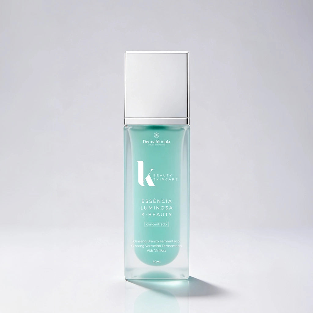 Dermafórmula Melhor Farmácia de Manipulação na Baixada Santista | Mockup isolado em fundo cinza claro do frasco de vidro da Essência Luminosa K-Beauty. O frasco contém o serum azul-claro, com tampa prateada e rótulo branco minimalista destacando os ingredientes chave.