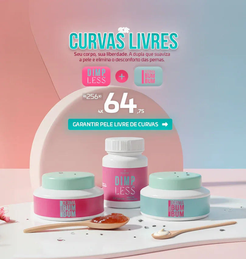 Mockup do Dimpless 40mg, parte do Kit Curvas Livres, focado no tratamento oral de dentro para fora da celulite e fibrose.
Mockup do Derma Firma Bum Bum, parte do Kit Curvas Livres, focado no tratamento tópico da flacidez corporal com DMAE e Nio Elastid.

Dermafórmula, a melhor farmácia de manipulação de Santos e da Baixada Santista. Bem-estar autoral, saúde sob medida.