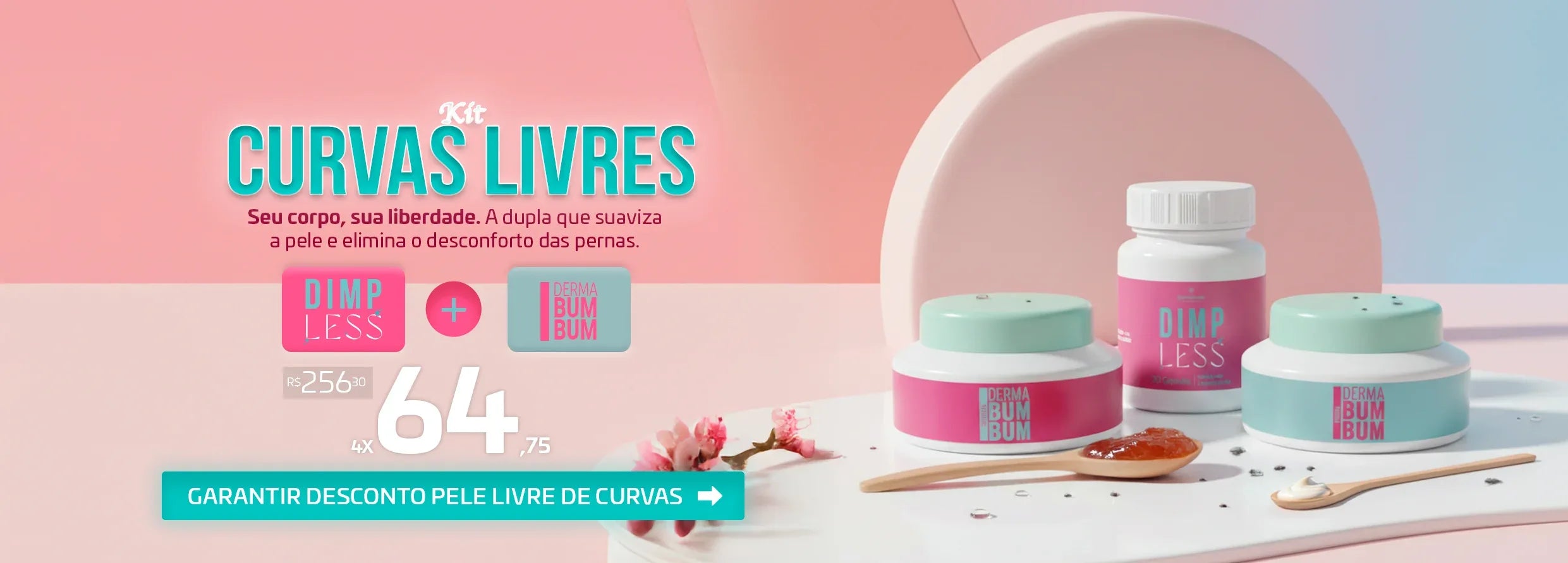 Mockup do Dimpless 40mg, parte do Kit Curvas Livres, focado no tratamento oral de dentro para fora da celulite e fibrose.
Mockup do Derma Firma Bum Bum, parte do Kit Curvas Livres, focado no tratamento tópico da flacidez corporal com DMAE e Nio Elastid.

Dermafórmula, a melhor farmácia de manipulação de Santos e da Baixada Santista. Bem-estar autoral, saúde sob medida.