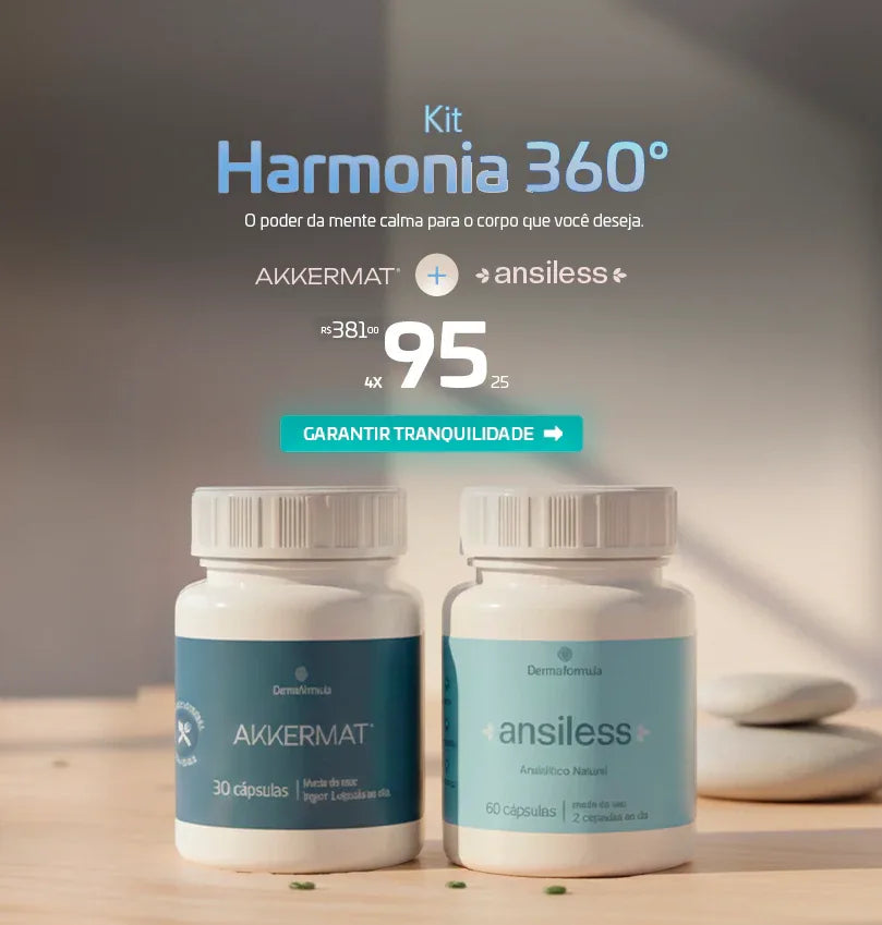 Mockup do Akkermat 250mg, parte do Kit Harmonia 360°, focado no reequilíbrio metabólico, saciedade e estímulo do GLP-1.
Mockup do Ansiless 250mg, parte do Kit Harmonia 360°, focado em reduzir a ansiedade e o "comer emocional" sem causar sonolência.