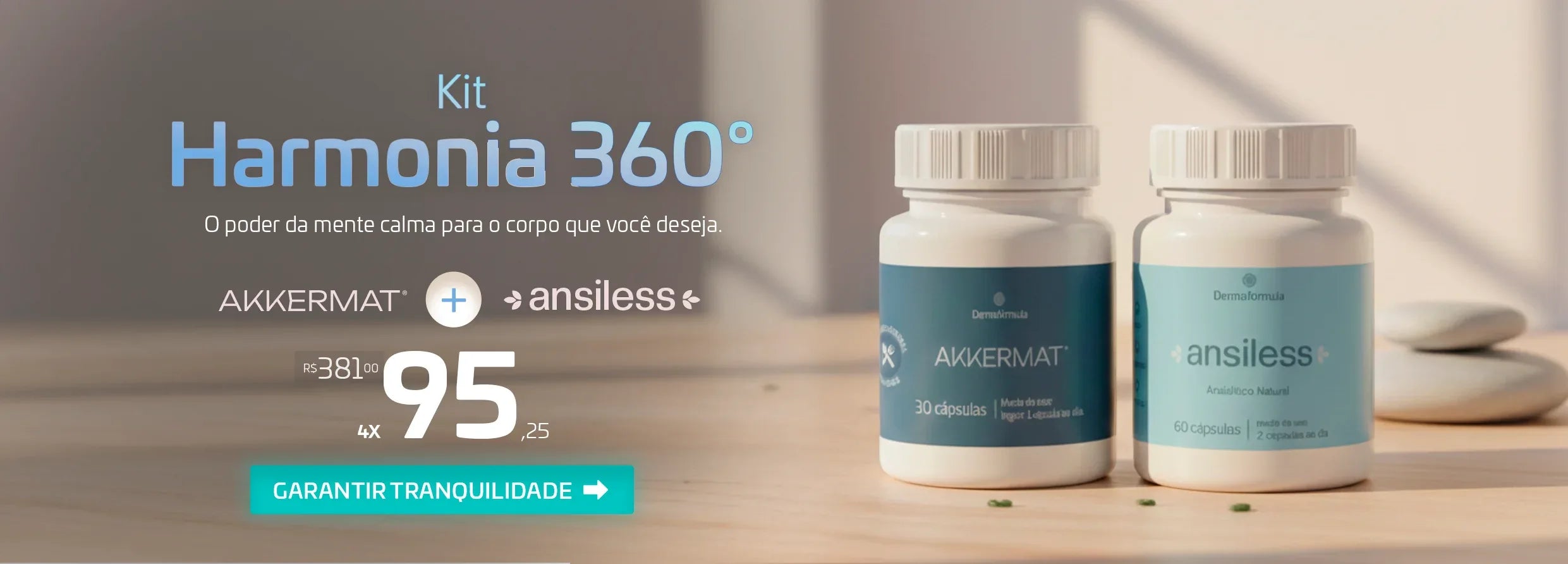 Mockup do Akkermat 250mg, parte do Kit Harmonia 360°, focado no reequilíbrio metabólico, saciedade e estímulo do GLP-1.
Mockup do Ansiless 250mg, parte do Kit Harmonia 360°, focado em reduzir a ansiedade e o "comer emocional" sem causar sonolência.