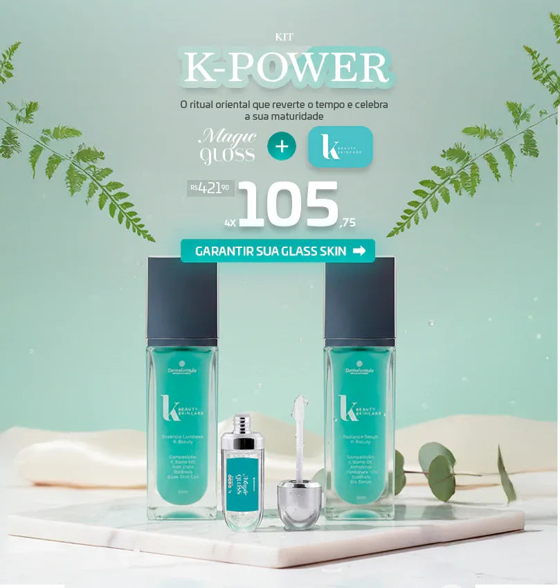 Mockup da K-Beauty Essência Luminosa, parte do Kit K-Power, focado no equilíbrio da microbiota da pele e no cuidado autoral.
Mockup do K-Beauty Radiance Serum, parte do Kit K-Power, com Hyalupure 10x para o "glow" da pele madura e hidratação profunda.
Mockup do Magic Gloss, parte do Kit K-Power, que reage ao pH dos lábios para devolver uma cor rosada e autoral de vitalidade.

Dermafórmula, a melhor farmácia de manipulação de Santos e da Baixada Santista. Bem-estar autoral, saúde sob medida.