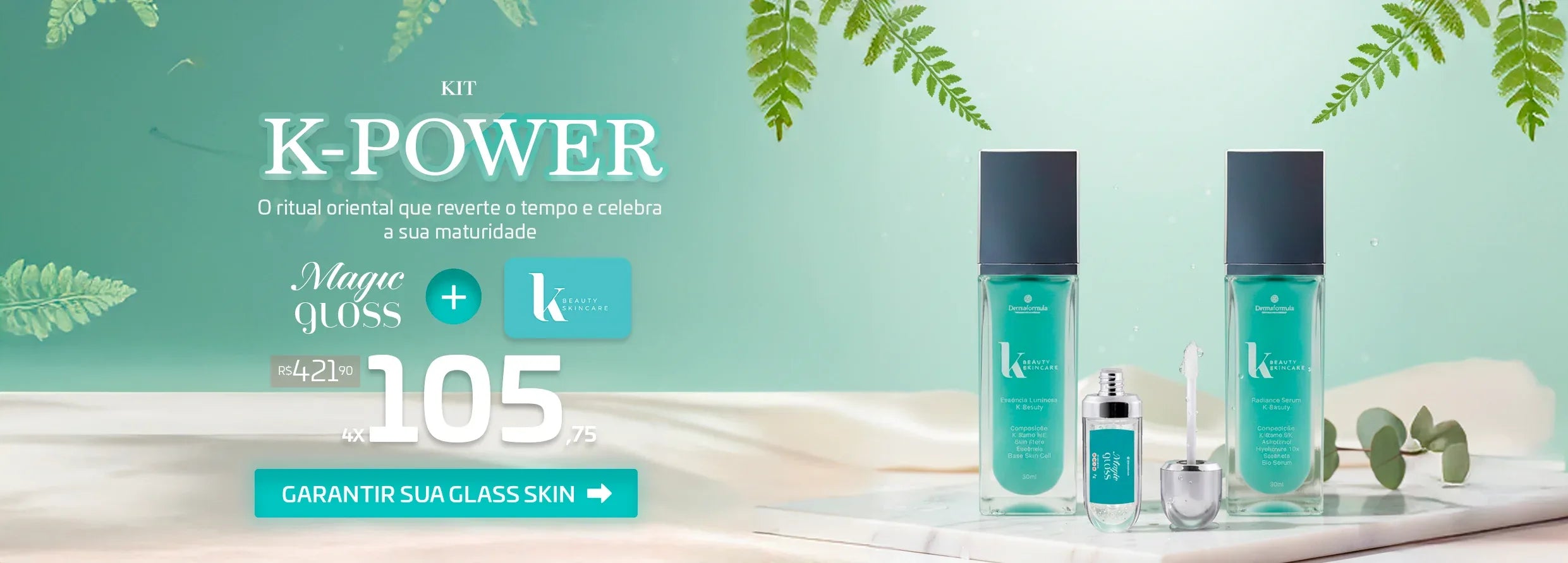 Mockup da K-Beauty Essência Luminosa, parte do Kit K-Power, focado no equilíbrio da microbiota da pele e no cuidado autoral.
Mockup do K-Beauty Radiance Serum, parte do Kit K-Power, com Hyalupure 10x para o "glow" da pele madura e hidratação profunda.
Mockup do Magic Gloss, parte do Kit K-Power, que reage ao pH dos lábios para devolver uma cor rosada e autoral de vitalidade.

Dermafórmula, a melhor farmácia de manipulação de Santos e da Baixada Santista. Bem-estar autoral, saúde sob medida.