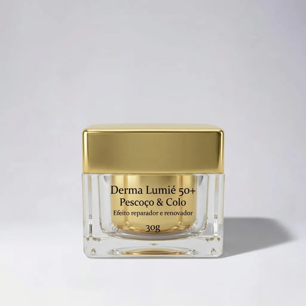 Embalagem do Lumié 50+ Creme Reparador e Renovador para Pescoço e Colo com rótulo descritivo em destaque, manipulado na Dermafórmula Melhor Farmácia de Manipulação na Baixada Santista.