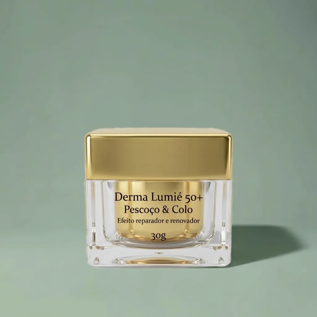 Embalagem do Lumié 50+ Creme Reparador e Renovador para Pescoço e Colo com rótulo descritivo em destaque, manipulado na Dermafórmula Melhor Farmácia de Manipulação na Baixada Santista.