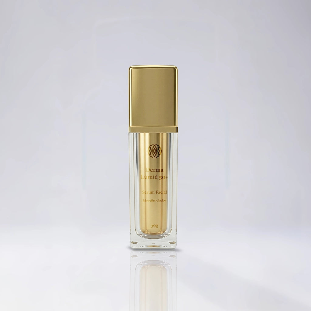 Embalagem do Lumié 50+ Sérum Facial com rótulo descritivo em destaque, manipulado na Dermafórmula Melhor Farmácia de Manipulação na Baixada Santista.