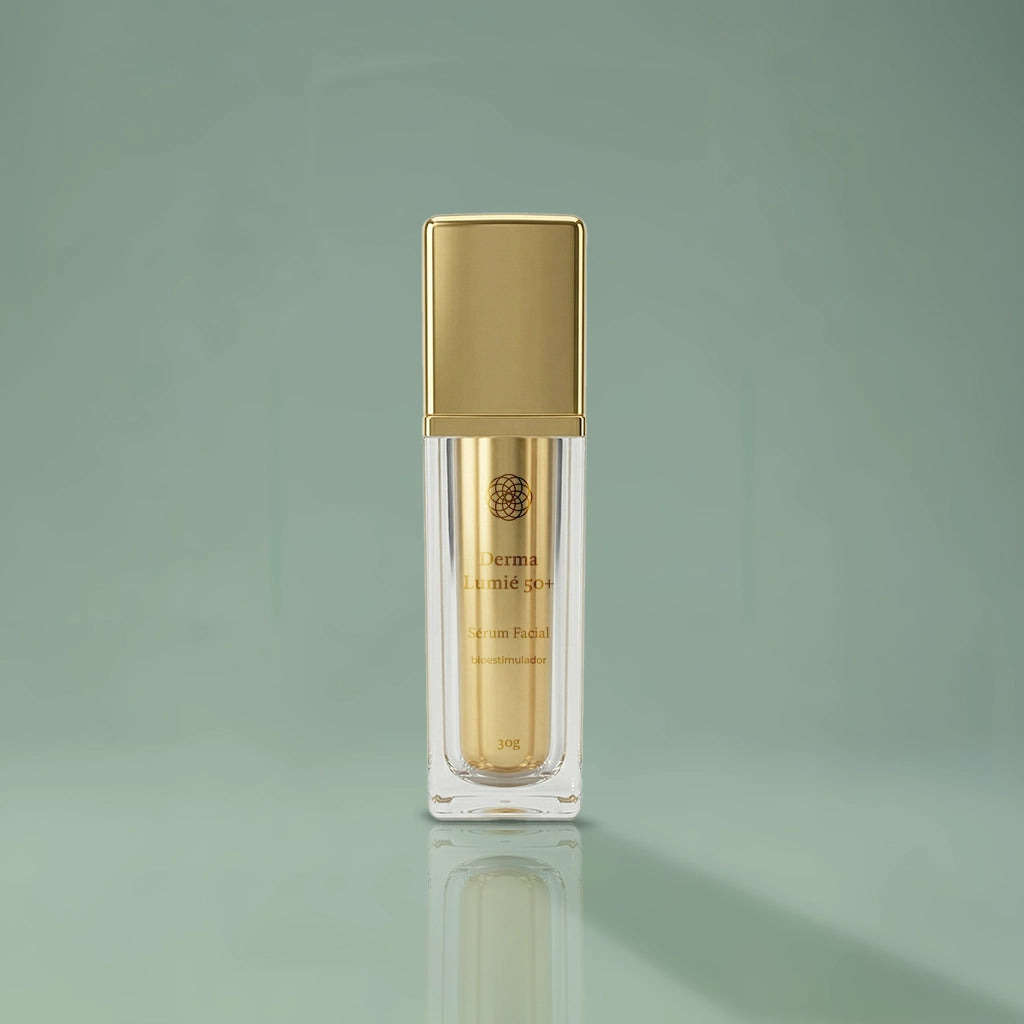 Embalagem do Lumié 50+ Sérum Facial com rótulo descritivo em destaque, manipulado na Dermafórmula Melhor Farmácia de Manipulação na Baixada Santista.