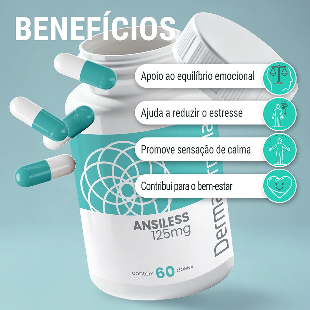 Dermafórmula Melhor Farmácia de Manipulação em Santos | Pote de 'Ansiless 125mg' com 60 doses sobre fundo azul turquesa. Cápsulas bicolores em turquesa e branco flutuam ao redor da embalagem aberta. À direita, quatro etiquetas brancas com ícones circulares verdes listam os benefícios: equilíbrio emocional, redução de estresse, calma e bem-estar. Logotipo vertical da Dermafórmula à direita.