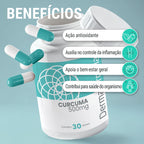 Dermafórmula Melhor Farmácia de Manipulação em Santos | Pote de 'Cúrcuma 500mg' com 30 doses sobre fundo azul turquesa. Cápsulas em turquesa e branco flutuam ao redor da embalagem aberta. À direita, quatro ícones circulares com ilustrações de folhas, articulações, rosto sorridente e silhueta humana detalham os benefícios para a saúde e bem-estar.