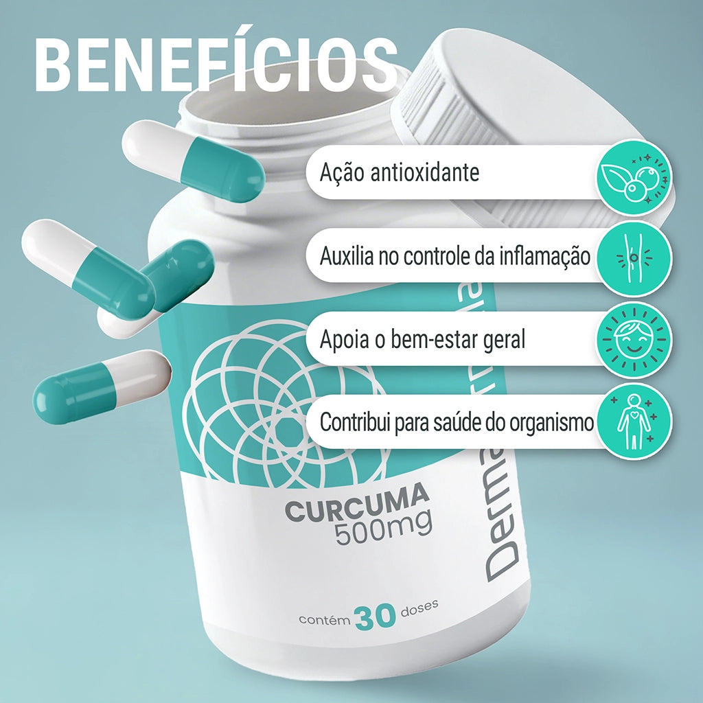 Dermafórmula Melhor Farmácia de Manipulação em Santos | Pote de 'Cúrcuma 500mg' com 30 doses sobre fundo azul turquesa. Cápsulas em turquesa e branco flutuam ao redor da embalagem aberta. À direita, quatro ícones circulares com ilustrações de folhas, articulações, rosto sorridente e silhueta humana detalham os benefícios para a saúde e bem-estar.