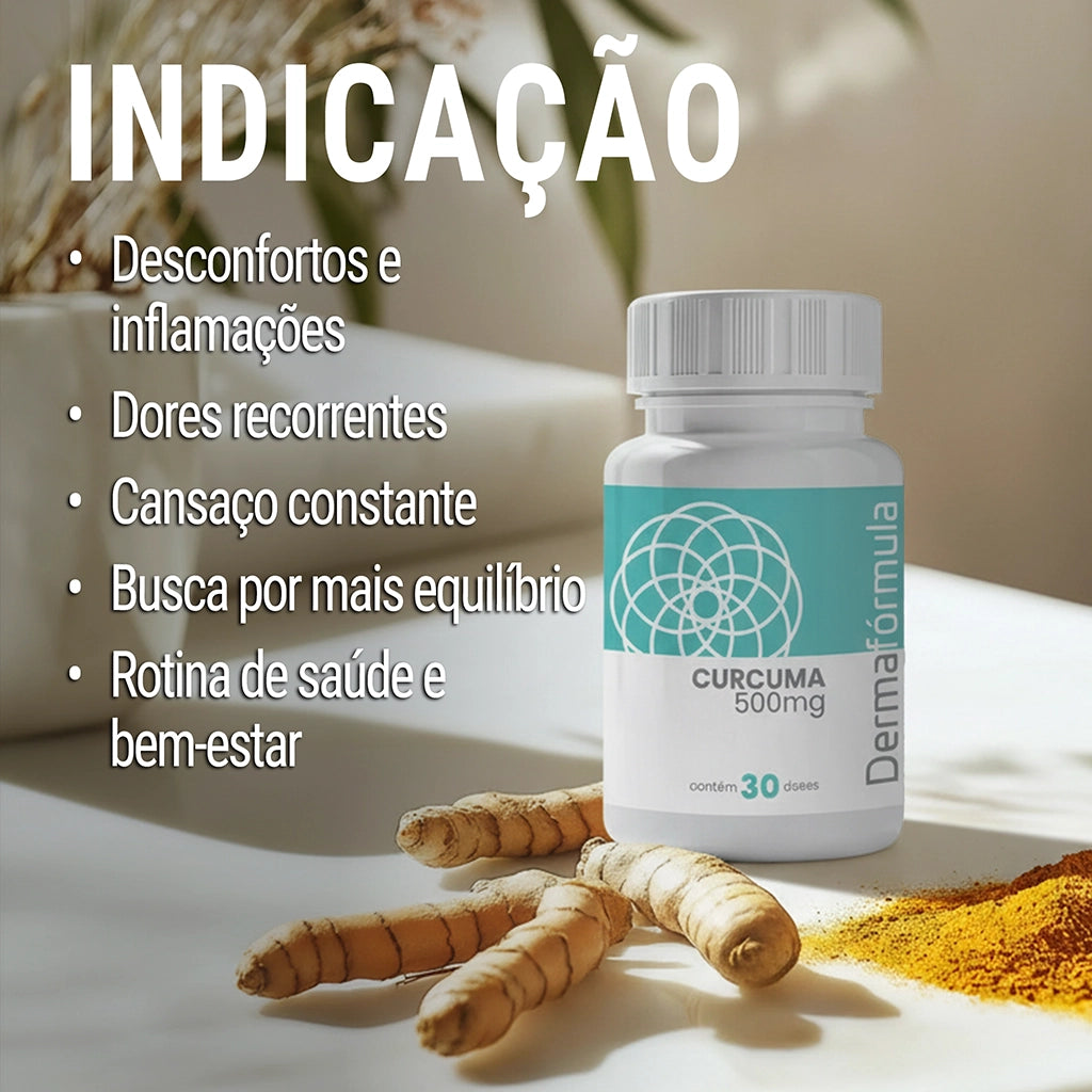 Dermafórmula Melhor Farmácia de Manipulação em Santos | Frasco de Cúrcuma 500mg com 30 doses da Dermafórmula posicionado sobre uma superfície branca iluminada. Ao lado do pote, raízes de cúrcuma in natura e uma porção de cúrcuma em pó. O texto lista indicações para desconfortos e inflamações, dores recorrentes, cansaço constante e busca por equilíbrio.