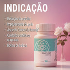 Dermafórmula Melhor Farmácia de Manipulação em Santos | Frasco de Dimpless 40mg com 30 doses da Dermafórmula em destaque sobre uma superfície branca com fundo rosa suave e flores. O texto lateral lista indicações para redução da celulite, tratamento da irregularidade da pele, combate ao aspecto 'casca de laranja', cuidados estéticos corporais e rotina de beleza.