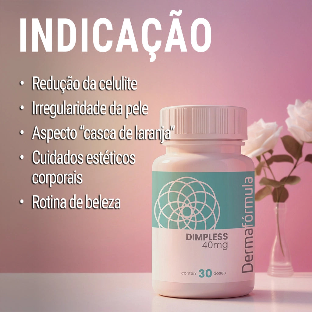 Dermafórmula Melhor Farmácia de Manipulação em Santos | Frasco de Dimpless 40mg com 30 doses da Dermafórmula em destaque sobre uma superfície branca com fundo rosa suave e flores. O texto lateral lista indicações para redução da celulite, tratamento da irregularidade da pele, combate ao aspecto 'casca de laranja', cuidados estéticos corporais e rotina de beleza.