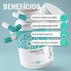 Dermafórmula Melhor Farmácia de Manipulação na Baixada Santista | Infográfico de benefícios do suplemento Dimpless 40mg. A imagem apresenta o frasco branco da linha de monodrogas com cápsulas brancas e turquesa ao redor. À direita, quatro etiquetas listam os benefícios acompanhadas de ícones: Auxilia na redução da celulite, Ação antioxidante potente (SOD), Atua de dentro para fora e Contribui para foco e memória. O rodapé indica que o frasco contém 30 doses.
