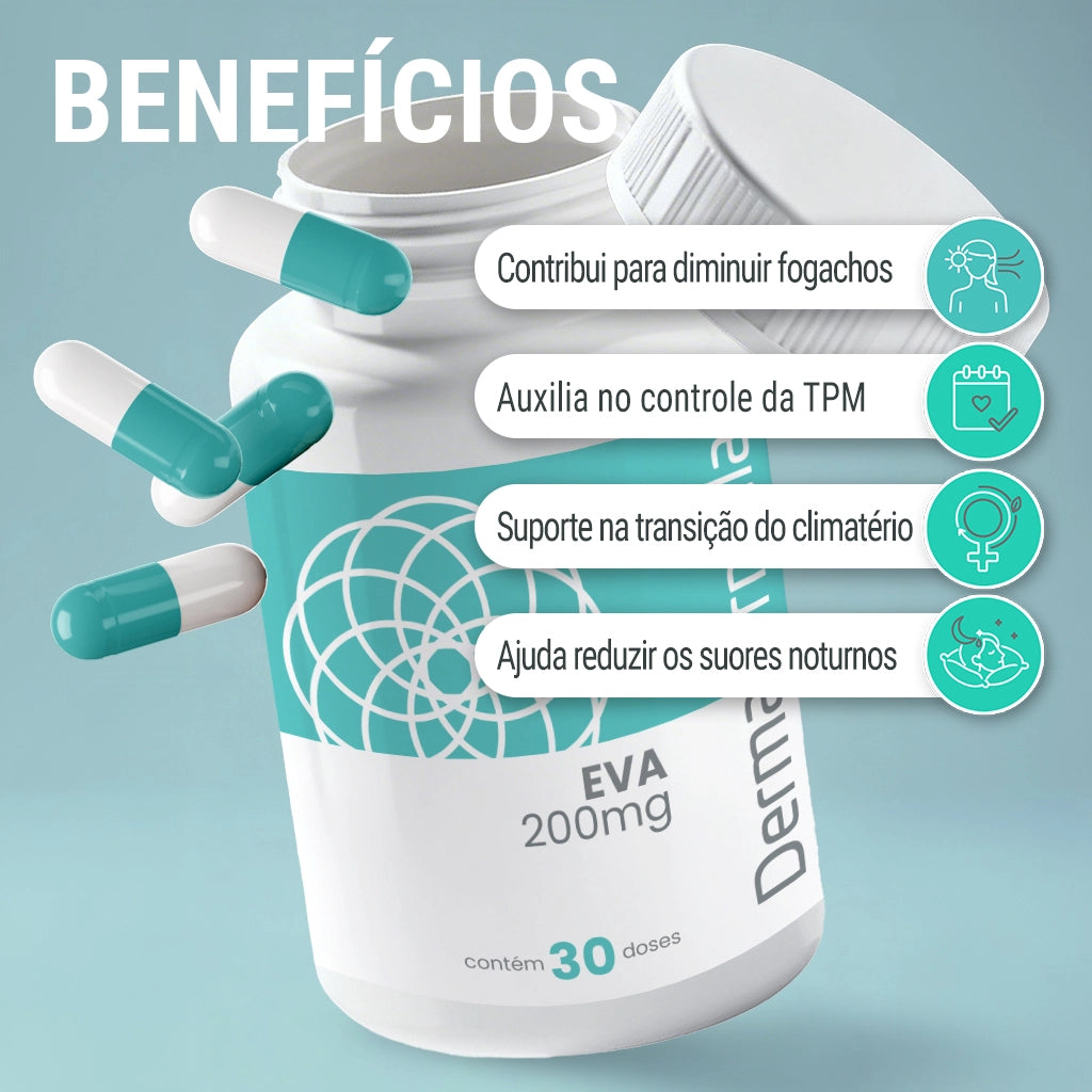 Dermafórmula Melhor Farmácia de Manipulação na Baixada Santista | Infográfico de benefícios do suplemento EVA 200mg. O visual apresenta o frasco da linha de monodrogas e etiquetas informativas: contribui para diminuir fogachos, auxilia no controle da TPM, suporte na transição do climatério e ajuda a reduzir os suores noturnos. Contém 30 doses.