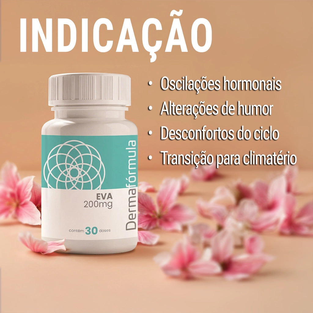 Dermafórmula Melhor Farmácia de Manipulação em Santos | Infográfico de indicação do EVA 200mg da Dermafórmula. O frasco está posicionado sobre um fundo pêssego suave decorado com flores rosas. O texto lateral destaca o uso para oscilações hormonais, alterações de humor, desconfortos do ciclo e a transição para o climatério, oferecendo suporte para o bem-estar autoral da mulher.