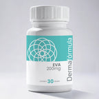 Dermafórmula Melhor Farmácia de Manipulação em Santos | Mockup do frasco de EVA 200mg da Dermafórmula. Embalagem branca com rótulo turquesa minimalista, apresentando o selo geométrico da marca. No rótulo, constam as informações 'EVA 200mg' e 'contém 30 doses'. Fundo neutro e iluminação profissional.