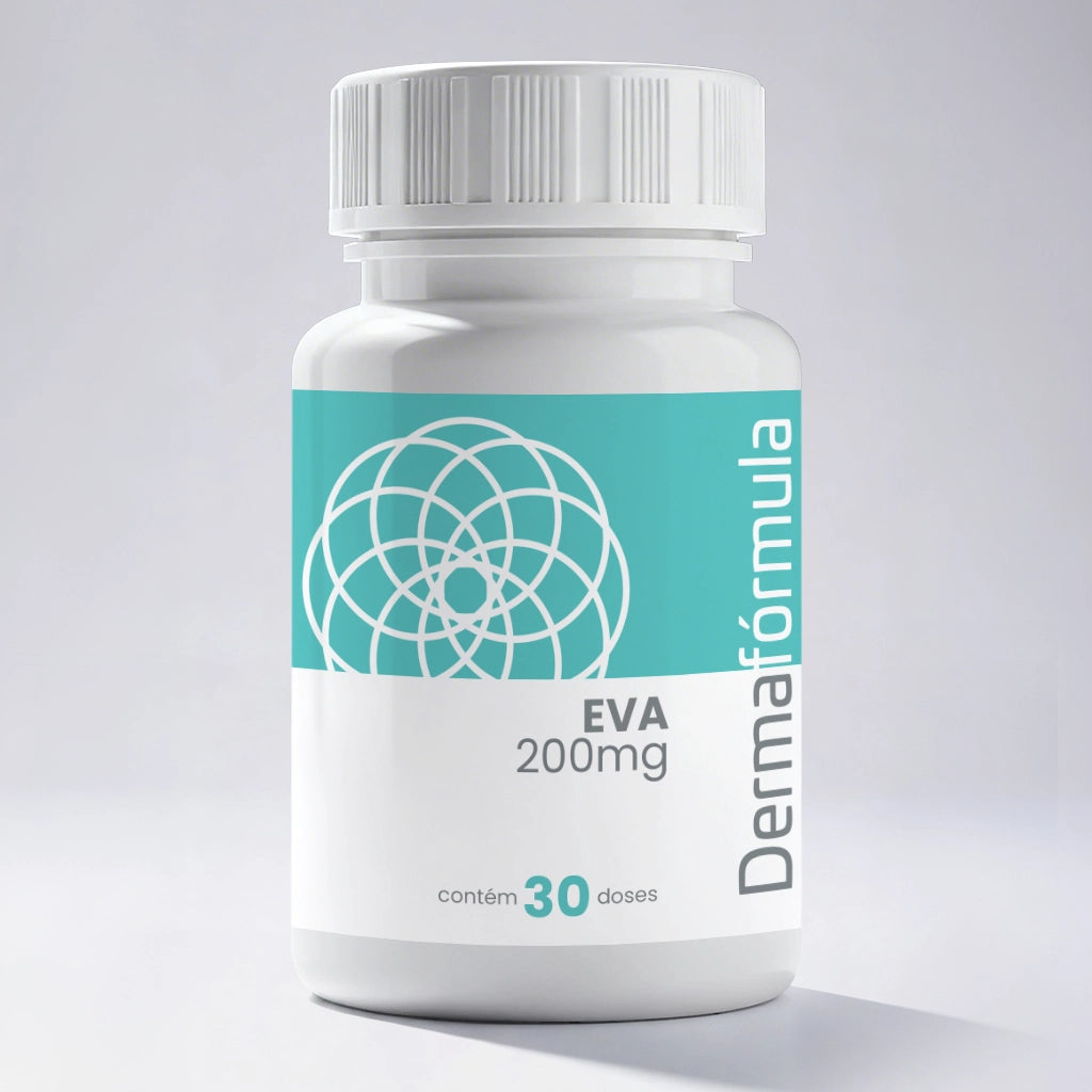 Dermafórmula Melhor Farmácia de Manipulação em Santos | Mockup do frasco de EVA 200mg da Dermafórmula. Embalagem branca com rótulo turquesa minimalista, apresentando o selo geométrico da marca. No rótulo, constam as informações 'EVA 200mg' e 'contém 30 doses'. Fundo neutro e iluminação profissional.