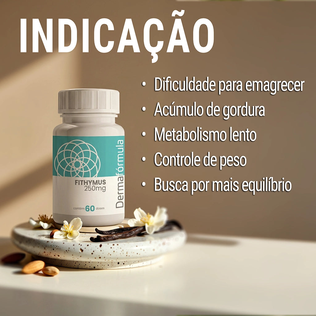 Dermafórmula Melhor Farmácia de Manipulação em Santos | Mockup do suplemento personalizado Fithymus da farmácia Dermafórmula. A imagem destaca os benefícios de 60 doses para quem possui metabolismo lento e busca uma solução segura para o controle de peso, reforçando o posicionamento de saúde sob medida.