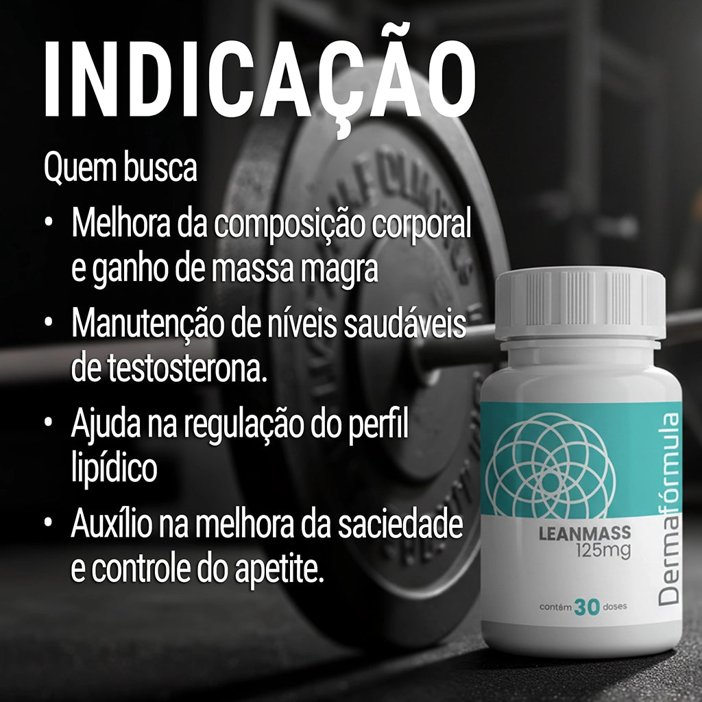 Dermafórmula Melhor Farmácia de Manipulação em Santos | Representação visual do ativo Leanmass, uma solução da farmácia personalizada Dermafórmula para quem busca performance esportiva e saúde metabólica. A imagem mostra o suplemento manipulado com 30 doses ao lado de uma lista técnica de benefícios que reforçam o ganho de massa magra e o equilíbrio hormonal.