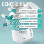 Dermafórmula Melhor Farmácia de Manipulação em Santos | Pote de 'Morosil 400mg' com 30 doses sobre fundo azul turquesa. Cápsulas bicolores flutuam ao redor da embalagem aberta. À direita, quatro etiquetas brancas com ícones circulares verdes listam os benefícios para gordura corporal, metabolismo, ação antioxidante e peso. Logotipo vertical da Dermafórmula à direita.