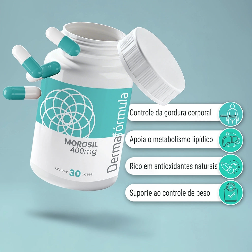 Dermafórmula Melhor Farmácia de Manipulação em Santos | Mockup do ativo Morosil 400mg, um manipulado personalizado da Dermafórmula. A imagem apresenta ícones explicativos sobre a ação do extrato da laranja moro no metabolismo lipídico e na redução de medidas, reforçando o conceito de saúde sob medida e qualidade farmacêutica.